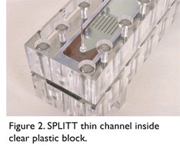 Photo of SPLITT thin channel inside clear plastic block